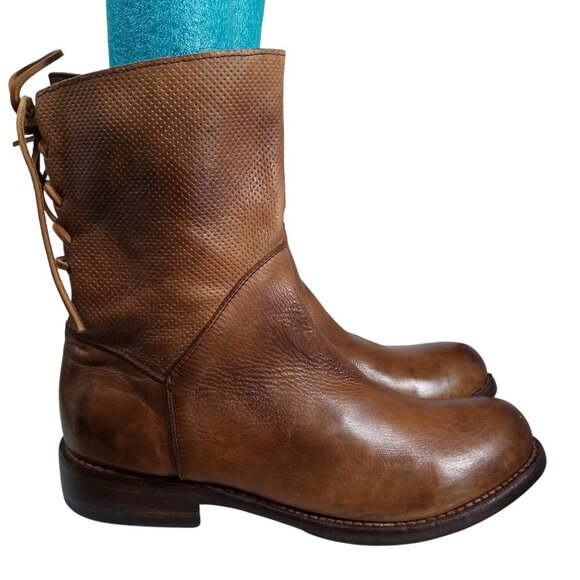 Bed Stu Newark Riding Mid Calf Brown Leather Boots Size 9 Lace Up Western Moto - Picture 13 of 16